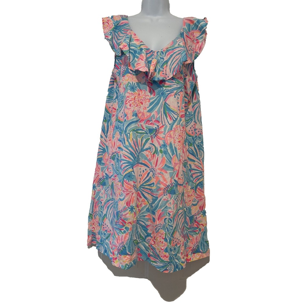 Lily‎ Pulitzer sz L pima cotton floral sleeveless vacation ruffle shift dress E
